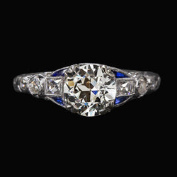 Ladies Round Old Cut Natural Earth Mined Diamond Ring With Baguette Sapphires 3.50 Carats