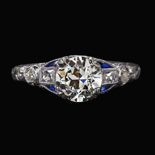 Ladies Round Old Cut Diamond Ring With Baguette Sapphires 3.50 Carats