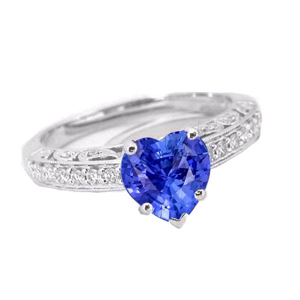 Ladies Solitaire Heart Blue Sapphire Ring With Accents 2 Carats