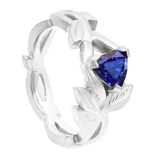 Ladies Solitaire Trillion Blue Sapphire Ring Leaf Style 1 Carat
