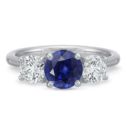 Ladies Three Stone Ring Round Ceylon Sapphire 2.50 Carats Diamonds