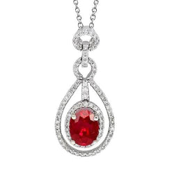 Lady White Gold 14K Oval Cut Ruby & Round Natural Earth Mined Diamond Pendant 4 Carats