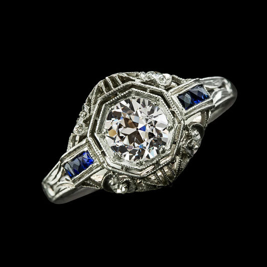 Like Edwardian Jewelry Diamond Old Miner Ring Princess Blue Sapphire