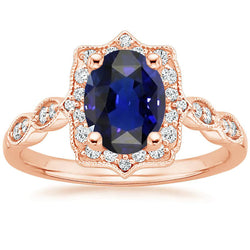 Like Edwardian Jewellery Rose Gold Natural Earth Mined Diamond & Ceylon Oval Sapphire Ring