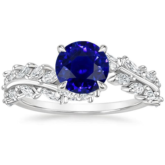 Marquise Diamond & Round Ceylon Sapphire Ring Leaf Style 4.50 Carats