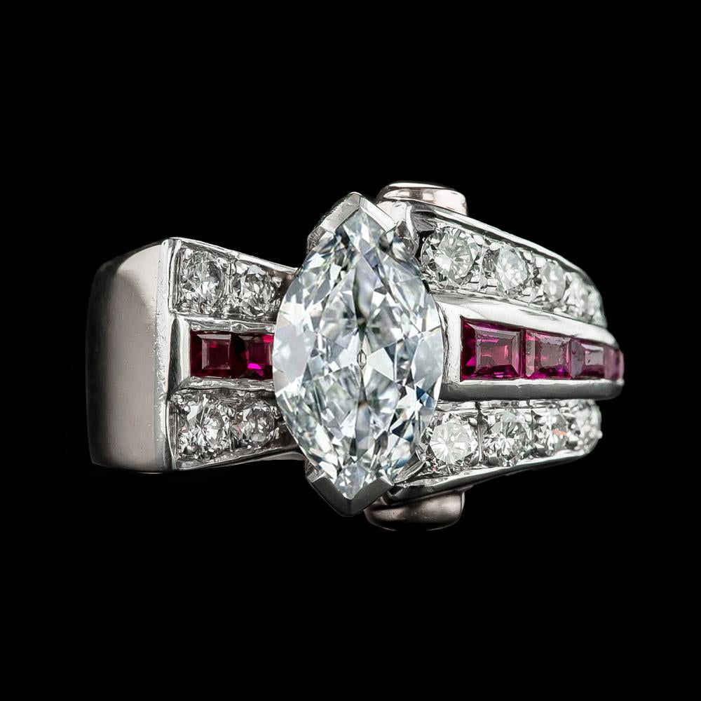 Marquise Old Cut Diamond Baguette Rubies Ring V Prong Set 6.50 Carats