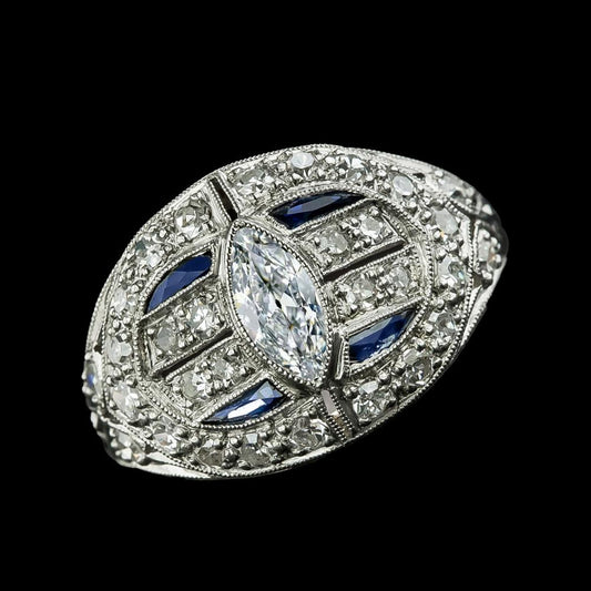 Marquise Old Miner Diamond & Blue Sapphire Ring Milgrain 3.25 Carats