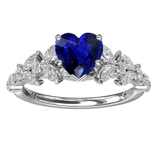 Marquise & Round Diamond Heart Cut Sapphire Ring Leaf Style 3.50 Carats