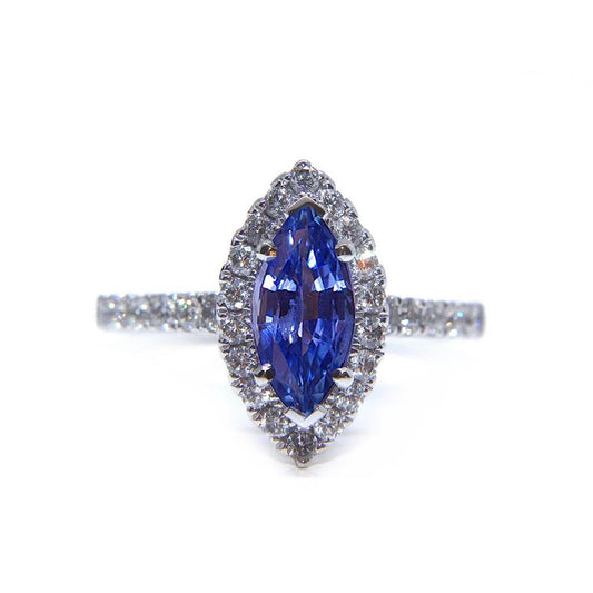 Marquise Shape Sri Lanka Blue Sapphire Round Diamond Ring 2.60 Ct