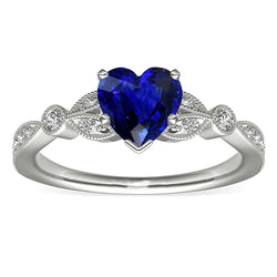Miligrain Deep Blue Sapphire Ring 3 Carats Round Natural Earth Mined Diamond Leaf Style