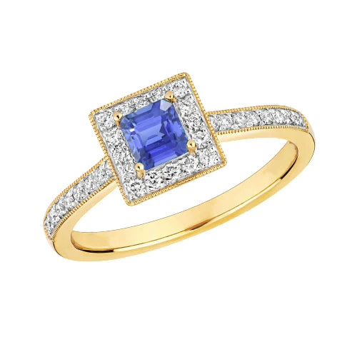 Milligrain Yellow Gold Diamond Ring Halo Ceylon Sapphire 2 Carats
