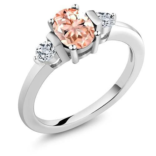 Morganite And Diamonds 9 Carats 3 Stone Wedding Ring White Gold 14K