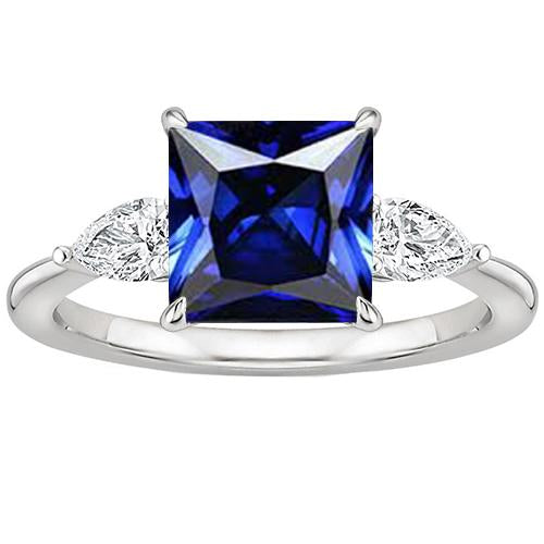 Natural Princess Ceylon Sapphire & Pear Diamond 3 Stone Ring 4 Carats