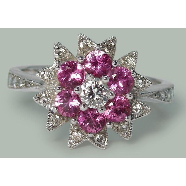 Natural Earth Mined Diamonds & Pink Sapphires 1.15 Ct. Flower Style Ring White Gold 14K