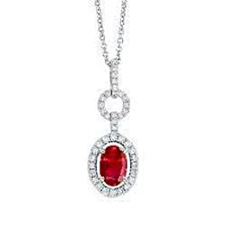 Necklace Pendant 3 Carats Red Ruby And Diamonds Gold 14K White