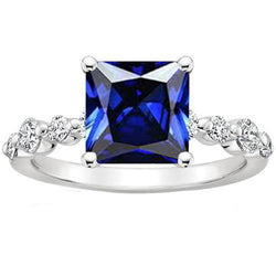 New Gold Princess Cut Natural Blue Sapphire With Accents Ring 4 Carats