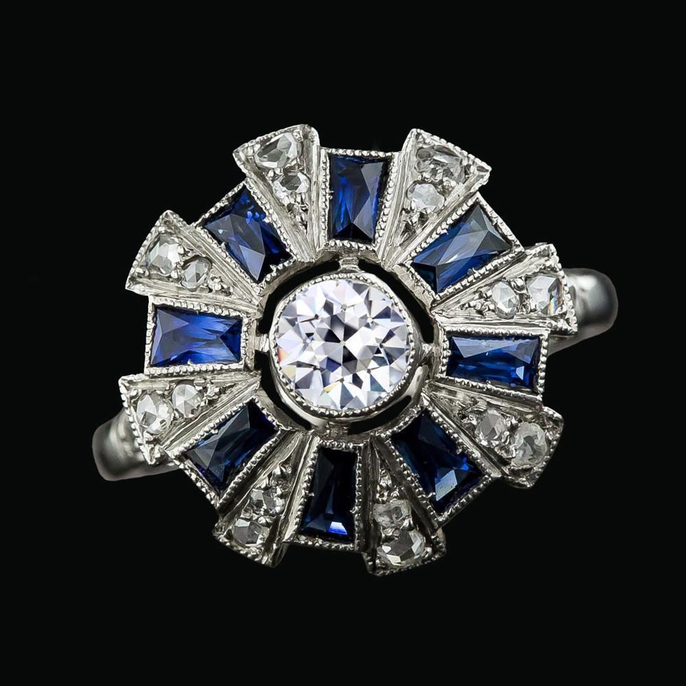 Old Miner Round Diamond Baguette Blue Sapphire Halo Ring 3.75 Carats