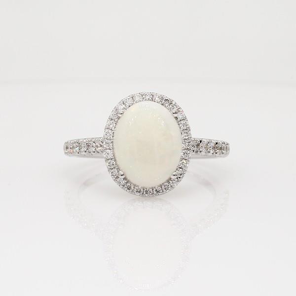 Opal And Diamonds 11.20 Carats Anniversary Ring 14K White Gold