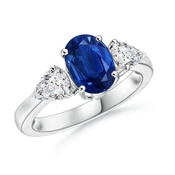 Oval And Pear Cut 3.50 Ct Sapphire And Natural Earth Mined Diamonds Ring White Gold 14K
