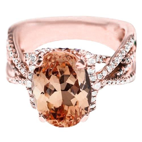 Oval And Round 9.25 Ct Morganite With Diamonds Ring Gold 14K