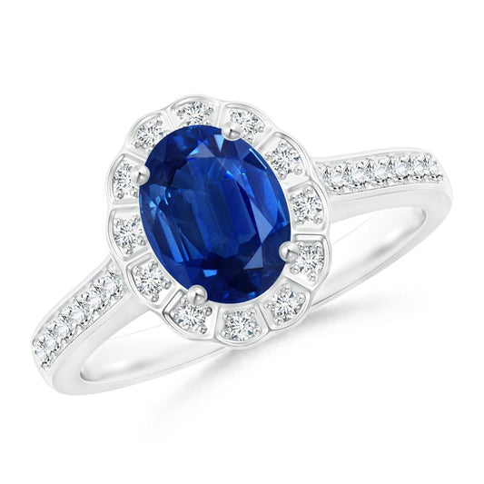 Oval And Round Cut 4.20 Ct Sapphire And Diamonds Ring White Gold 14K