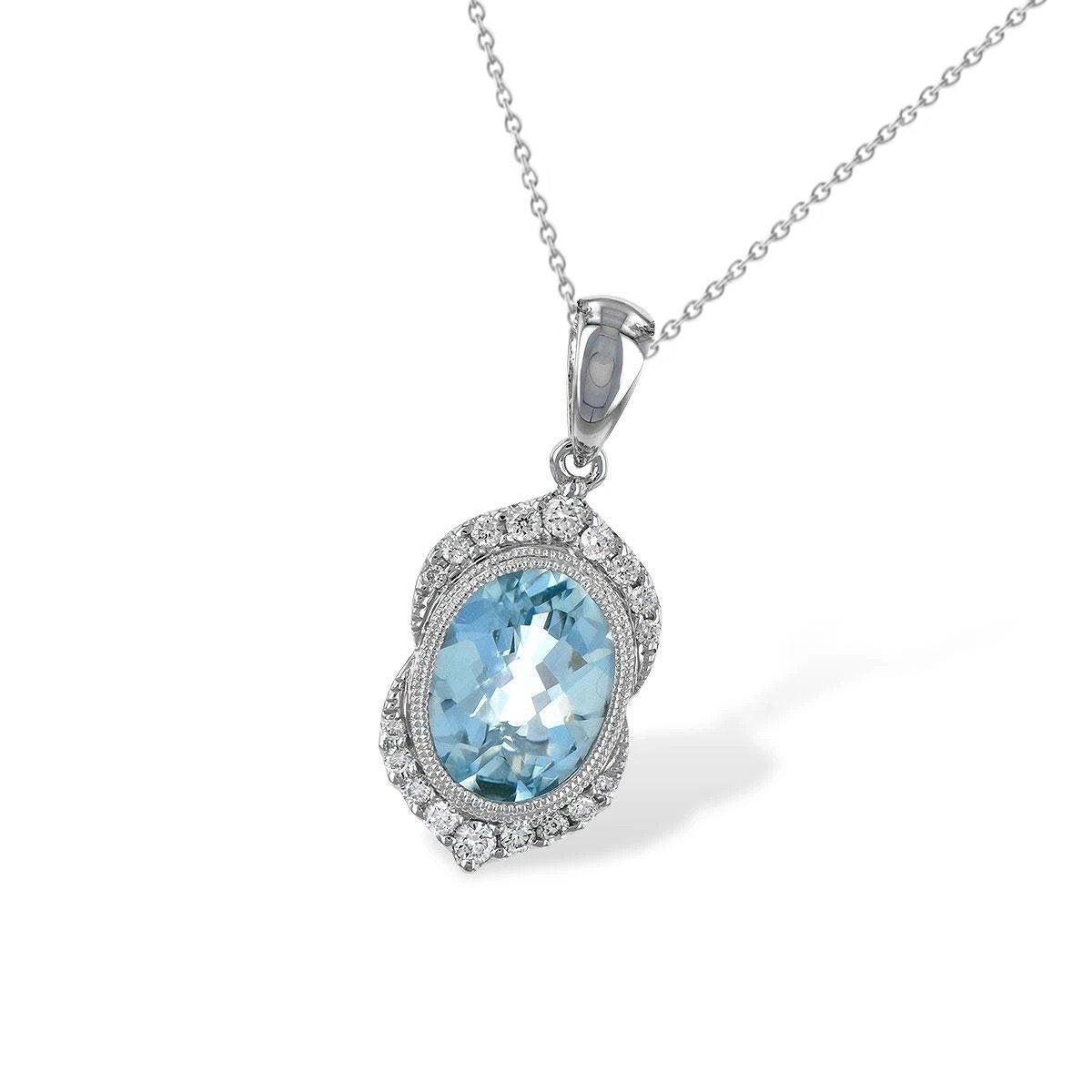 Oval Aquamarine & Round Diamond Pendant Necklace 8.30 Ct. WG 14K