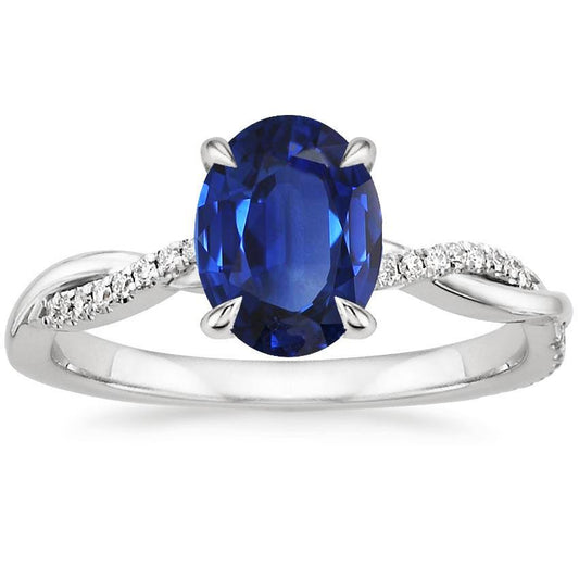 Oval Blue Sapphire Engagement Ring Diamond Gold Twisted Shank 6 Carats