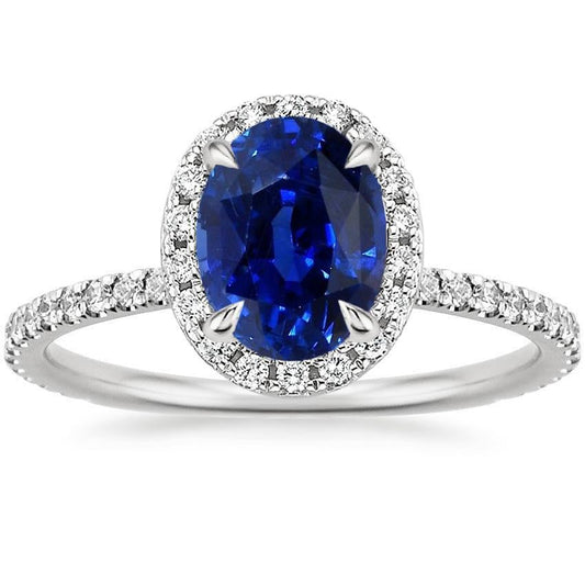 Oval Blue Sapphire Halo Diamond Engagement Ring Accented 6.20 Carats