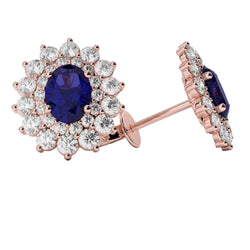 Oval Blue Sapphire Halo Natural Earth Mined Diamond Stud Earrings 11 Carats Rose Gold 14K