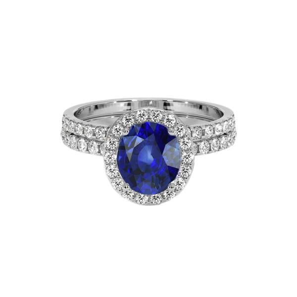 Oval Blue Sapphire Halo Engagement Ring Set 10.25 Carats White Gold