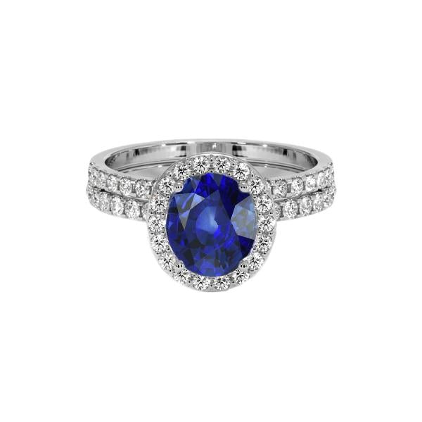 Oval Blue Sapphire Halo Engagement Ring Set 10.25 Carats White Gold