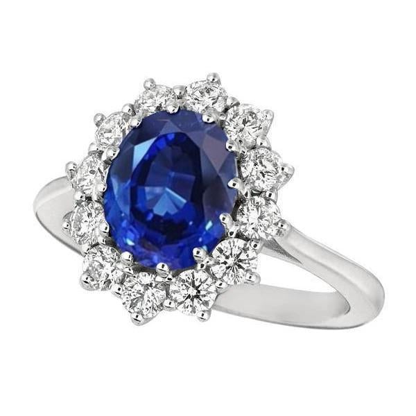 Oval Blue Sapphire & Round Diamonds Halo Ring 6.50 Ct. White Gold 14K