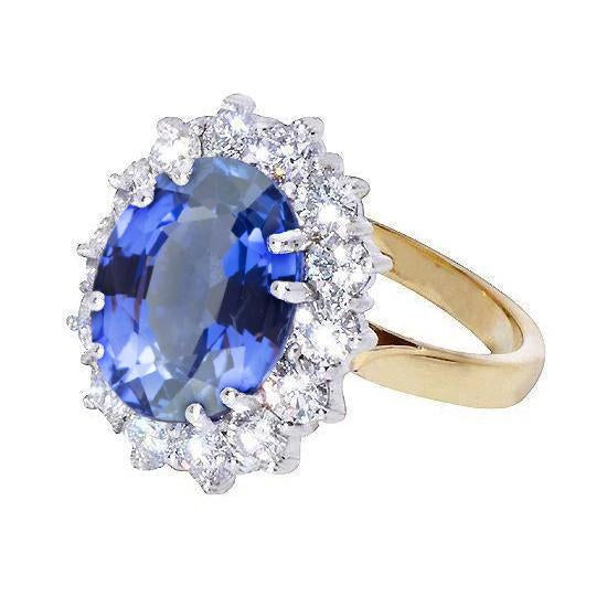 Oval Ceylon Sapphire Diamonds 8.51 Ct Ring Two Tone White Gold 14K