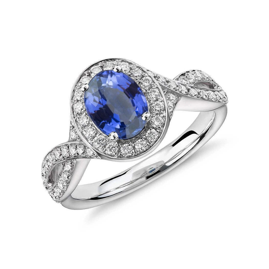 Oval Ceylon Sapphire & Round Diamond Ring 1.55 Carat White Gold 14K