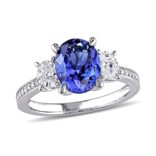 Oval Cut 4.50 Ct. Tanzanite With Diamonds 3 Stone Style Ring 14K