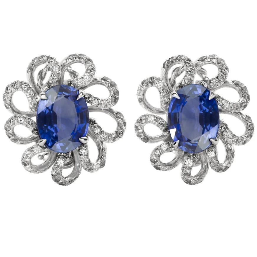 Oval Cut Blue Sapphire And Diamonds 5.50 Ct Studs Earring