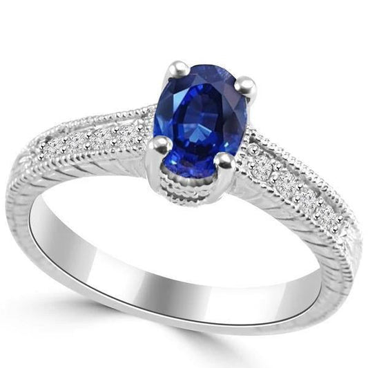 Oval Cut Blue Sapphire With Diamond Ring 1.85 Carats White Gold 14K