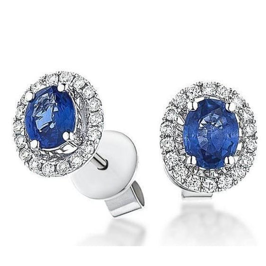 Oval Cut Ceylon Blue Sapphire Halo Diamond Stud Earring 3.36 Ct WG 14K