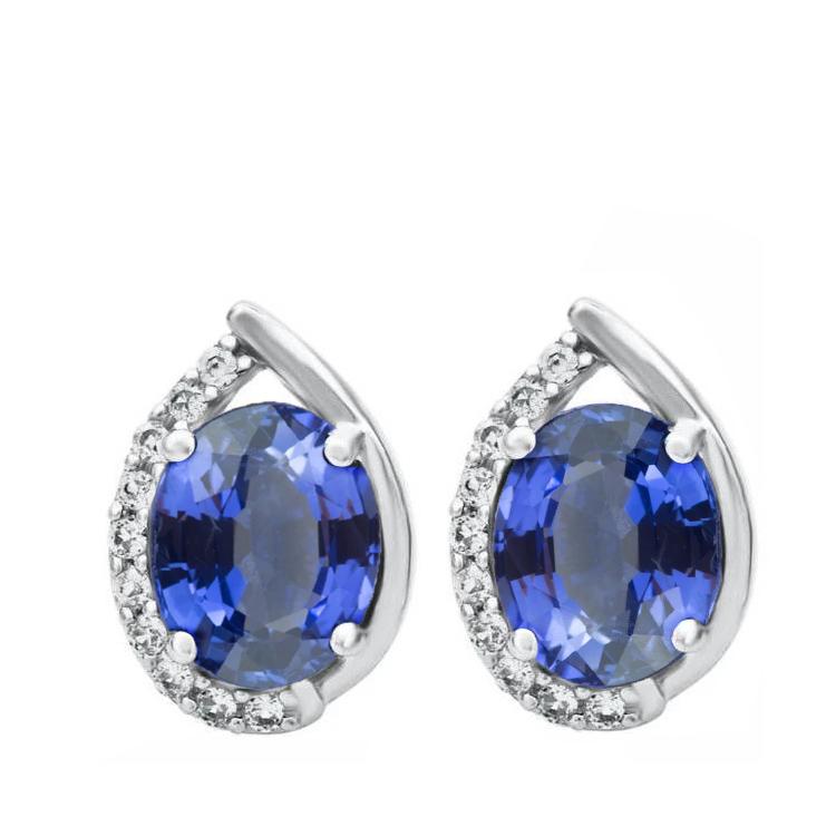 Oval Cut Ceylon Sapphire & Halo Diamond Stud Earrings 3.20 Carat WG 14K