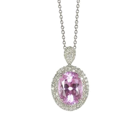 Oval Cut Pink Kunzite And Diamond Pendant 15.50 Carats White Gold 14K