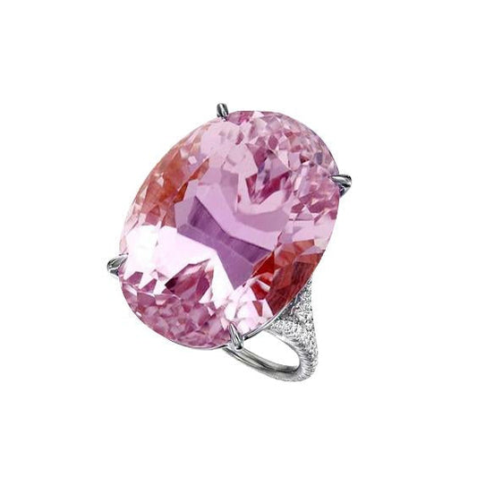 Oval Cut Pink Kunzite Diamond Gemstone Ring 20.50 Ct White Gold 14K