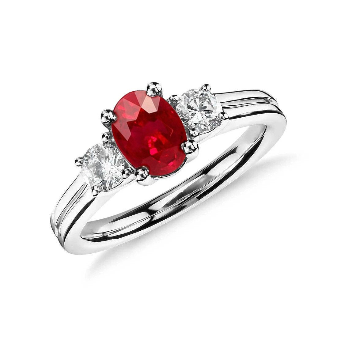 Oval Cut Red Ruby And Diamond Three Stone Ring Gold 14K 1.80 Carats