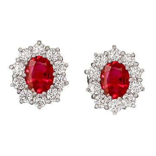 Oval Cut Red Ruby With Round Diamond Stud Halo Earring Gold 3.50 Ct