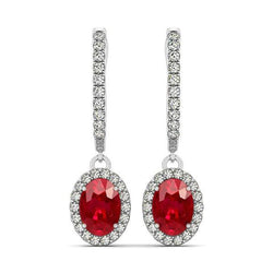 Oval Cut Ruby With Round Diamonds 7.50 Ct Dangle Earrings Gold 14K