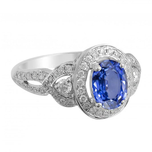 Oval Cut Sri Lanka Sapphire And Diamond Ring White Gold 14K 3 Ct