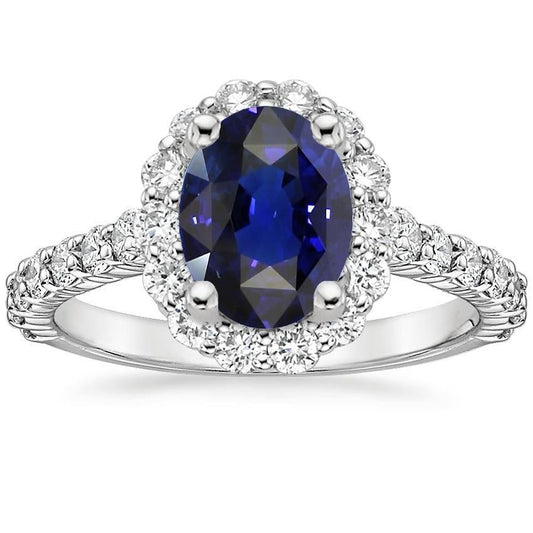 Oval Deep Blue Sapphire Halo Wedding Ring 6 Carats White Gold