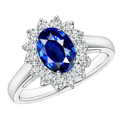 Oval Natural Earth Mined Diamond Engagement Ring Halo Ceylon Sapphire 6 Carat Flower Style