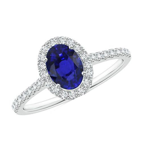 Oval Diamond Halo Engagement Ring 5.50 Carats Ceylon Sapphire Accented