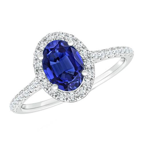 Oval Diamond Halo Ring Blue Sapphire Accented White Gold 5.50 Carats