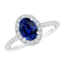 Oval Natural Earth Mined Diamond Halo Ring Blue Sapphire With Accents 6 Carats White Gold